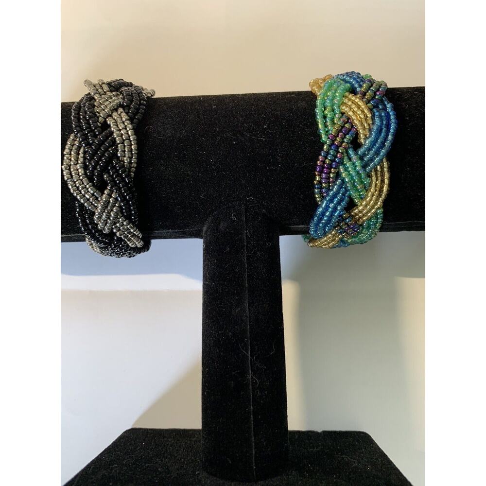 Two Hand Crafted Seed Beaded Bracelet 8’ Black/Silver Blues/Gold Woven